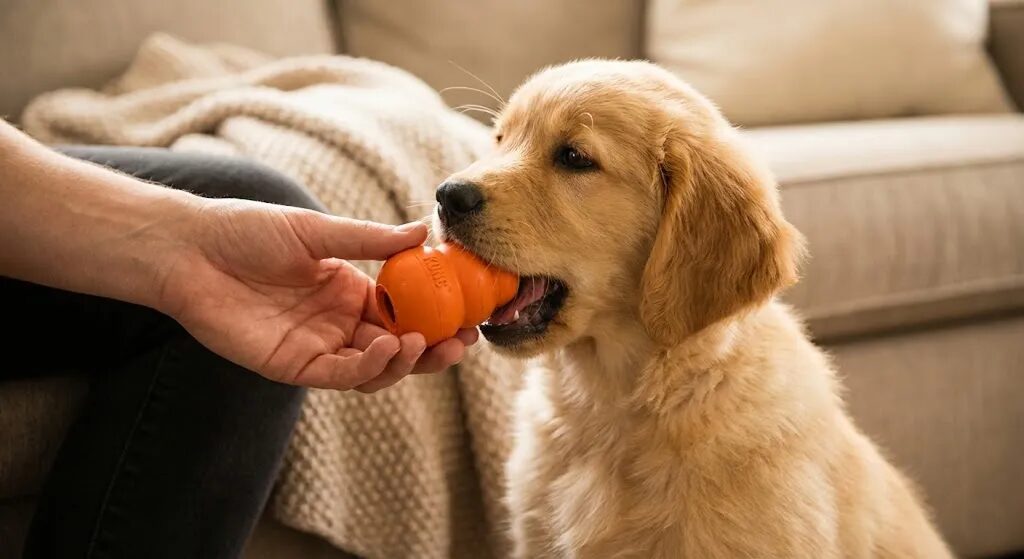 子犬に噛むおもちゃを与えて褒めている飼い主の手