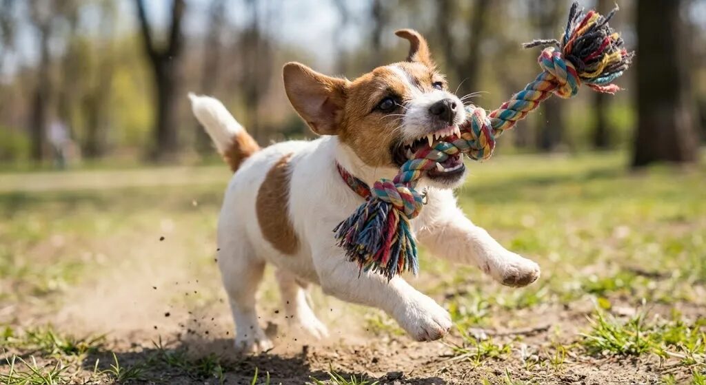 おもちゃで激しく遊ぶジャックラッセルテリアの子犬