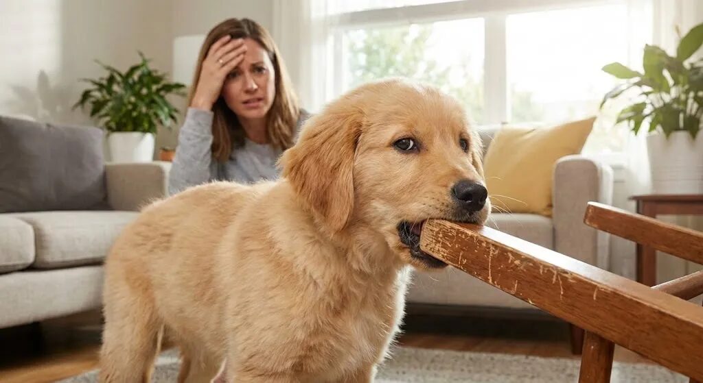 家具を噛む子犬と困っている飼い主
