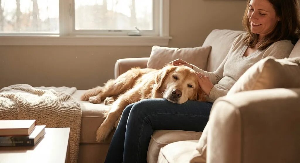 成長して落ち着いた犬と笑顔で寄り添う飼い主