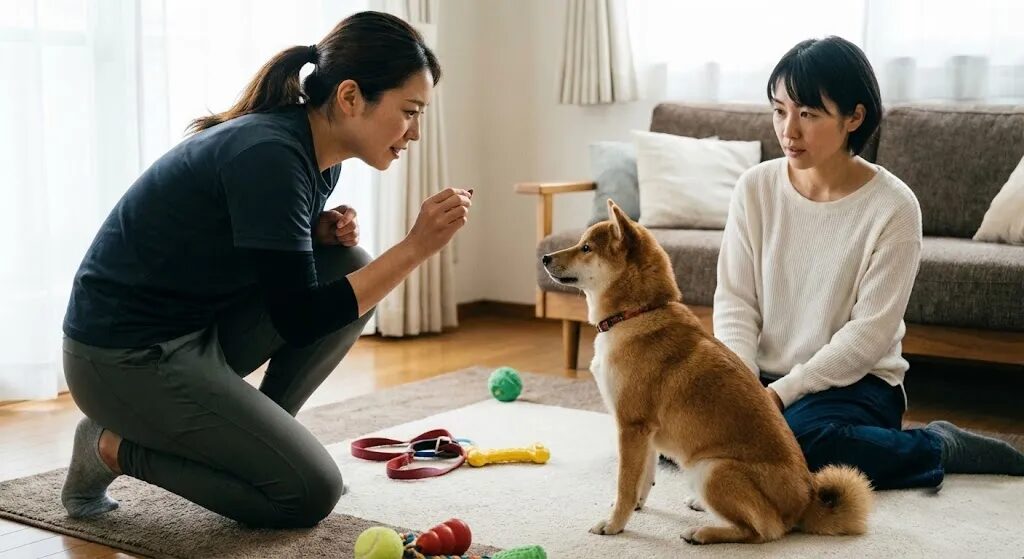 出張ドッグトレーナーから噛み癖しつけの個別指導を受ける飼い主と犬