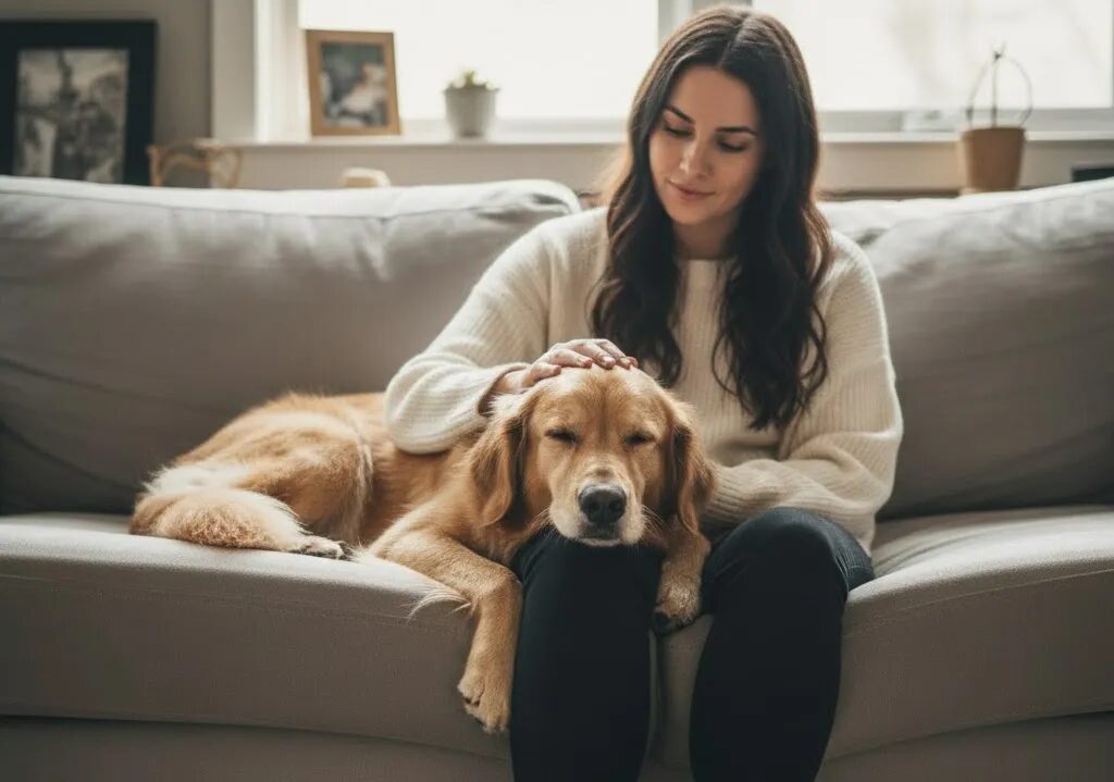 飼い主の膝の上で眠っている老犬
