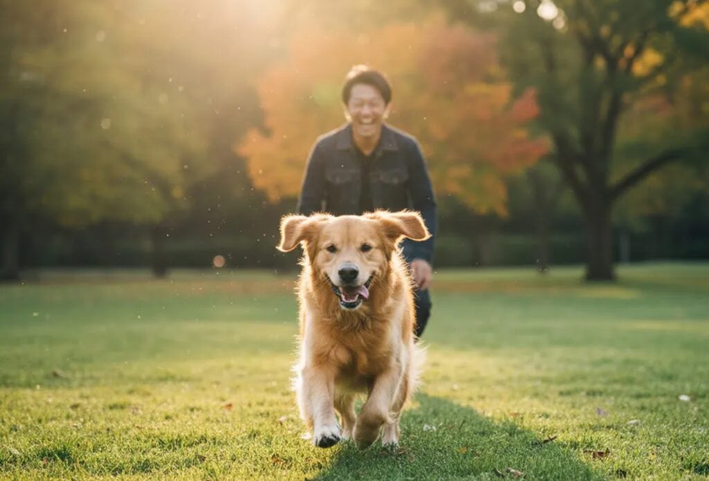 公園で元気に走る犬と笑顔の飼い主