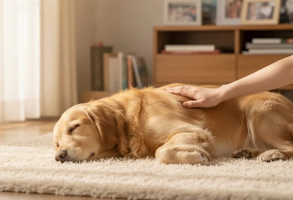 安心して眠る犬と、それを見守る飼い主の幸せな光景