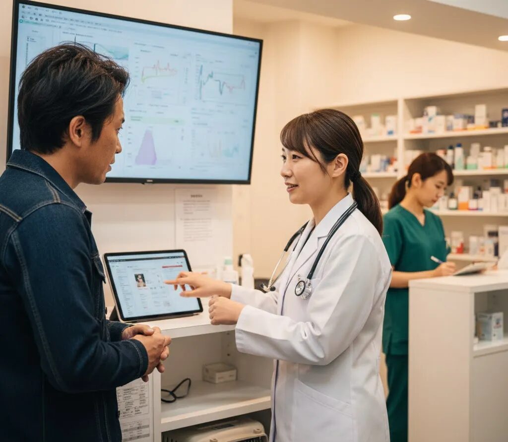 動物病院の受付でスタッフと相談する飼い主