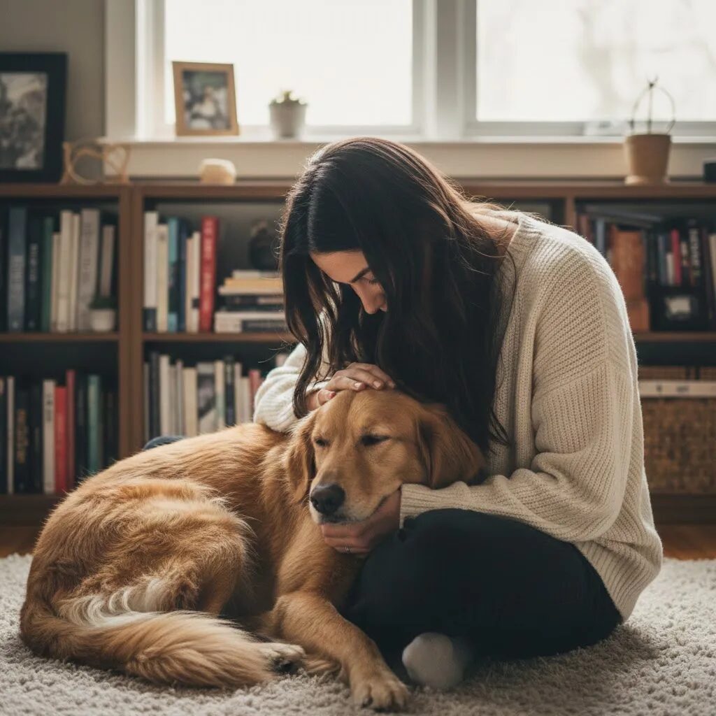 元気のない犬を撫でている飼い主