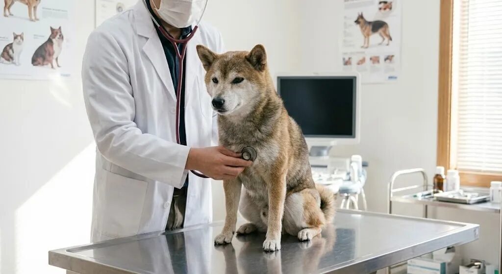 聴診器を当てられている犬