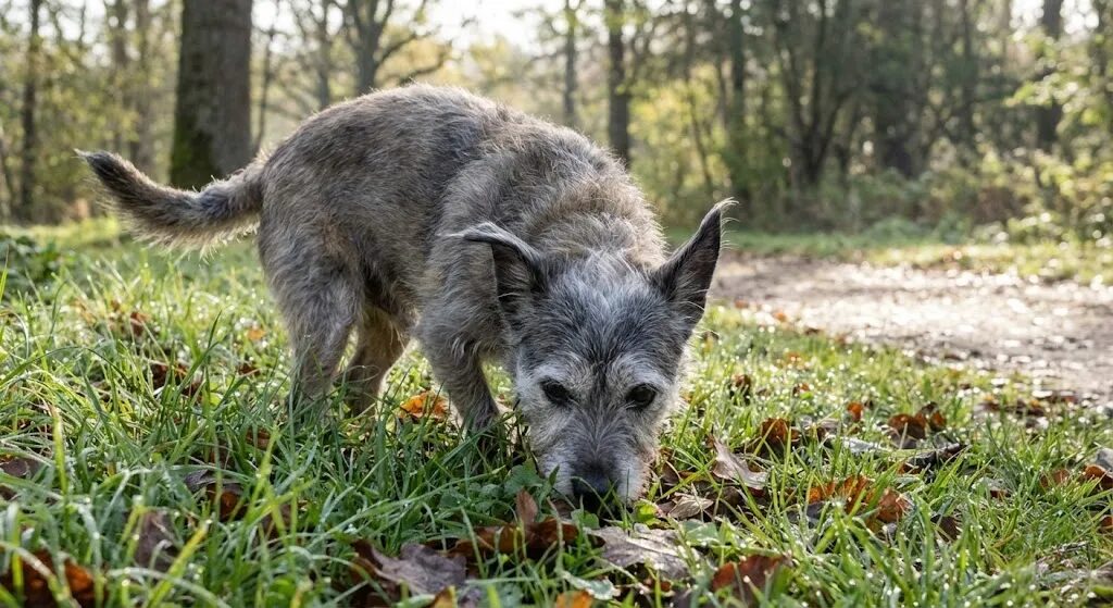公園の芝生の匂いを熱心に嗅いでノーズワークをし、脳への刺激を受けているシニア犬