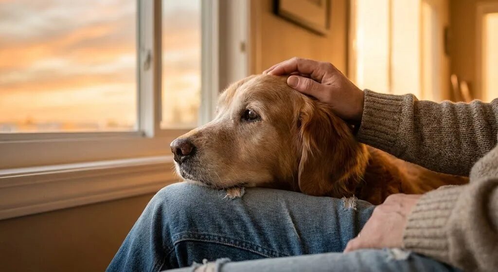 飼い主の膝の上でリラックスして微笑む老犬。年齢に合わせたケアによる安心感と信頼関係
