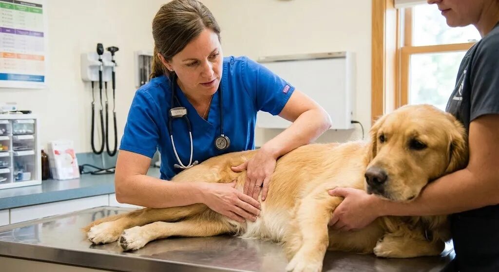 診察を受けている犬