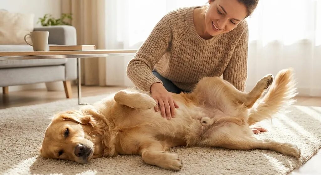飼い主が犬のお腹を優しくマッサージしている