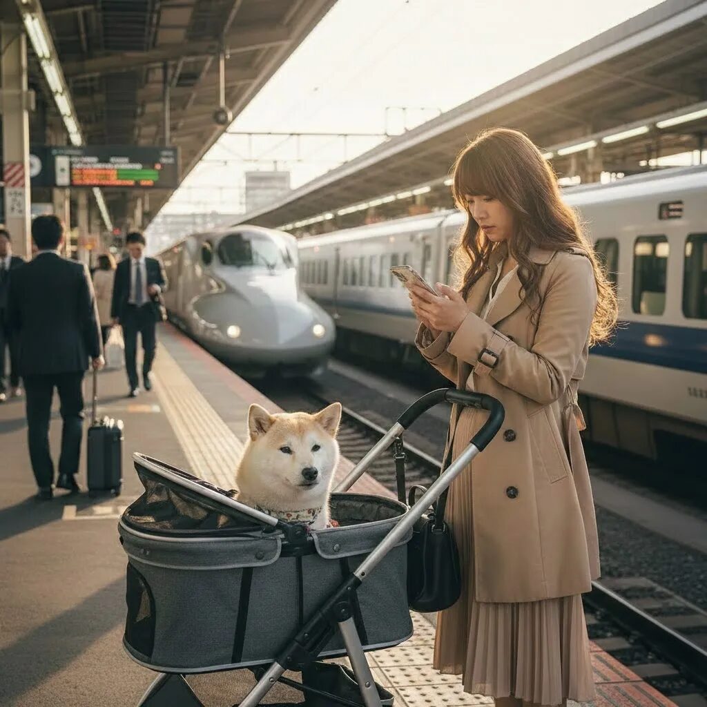 電車のホームでペットカートのルールを確認する飼い主と犬