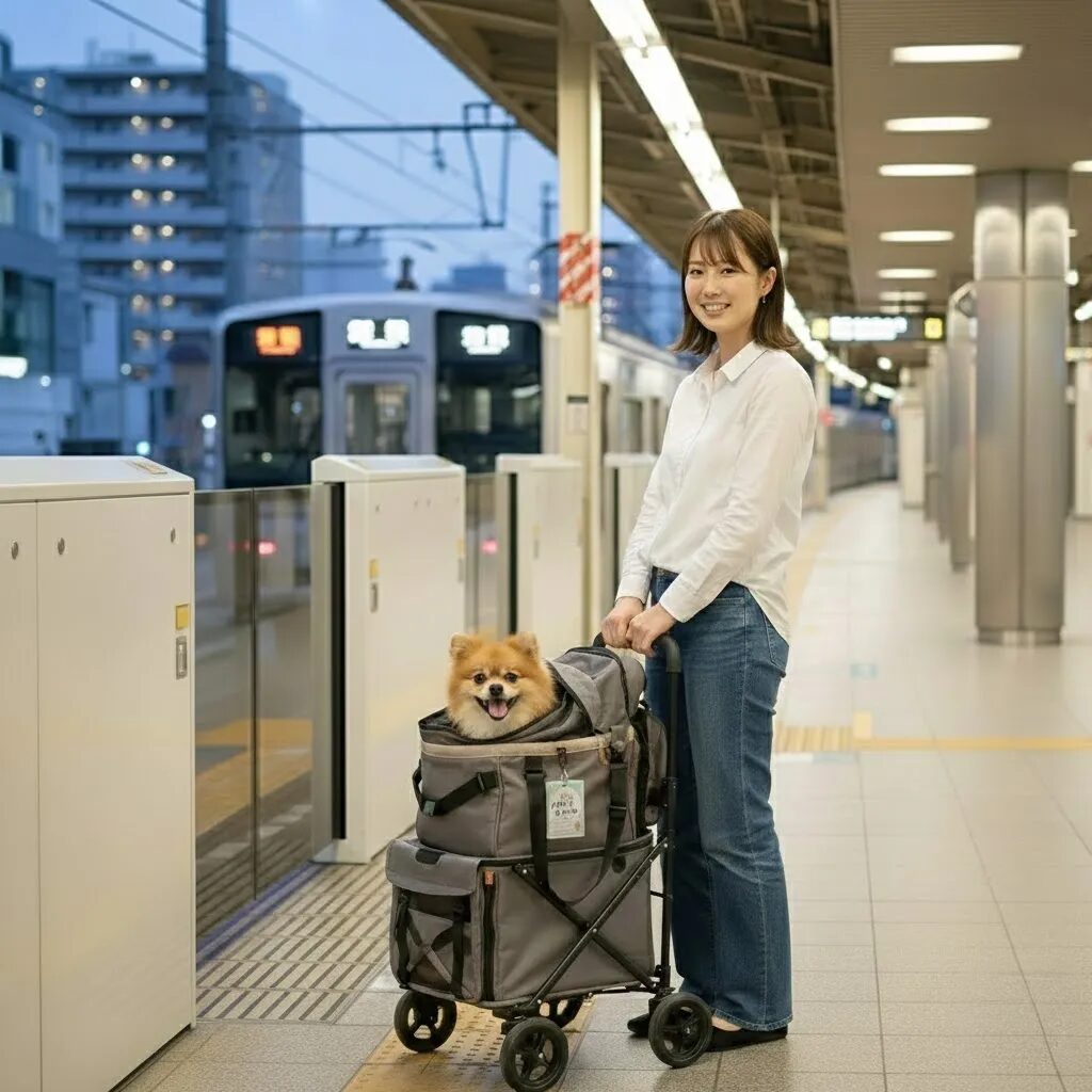 ホームで犬と飼い主がこちらを見ている