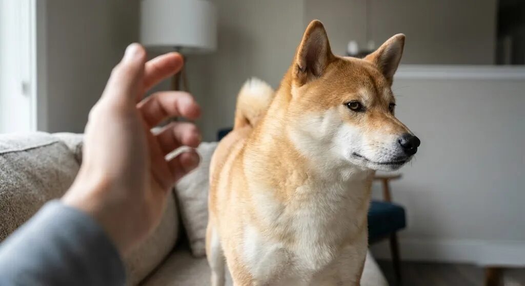 犬が「プイッ」と顔を真横に背けている