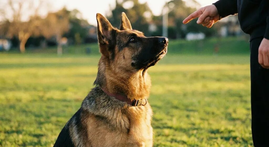 が綺麗に「お座り」をして、飼い主の顔を真剣な眼差しで見上げている構図。