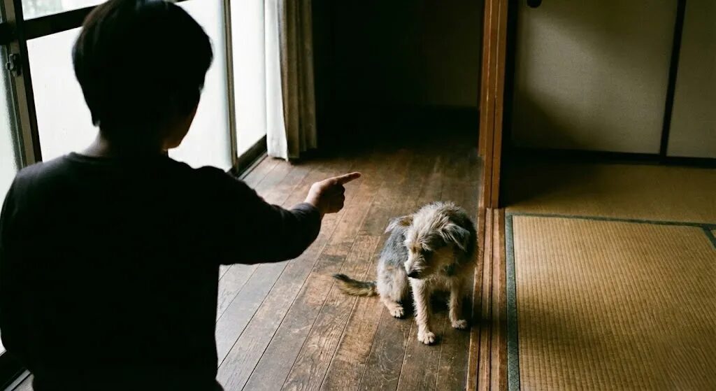 飼い主が犬に対して指を差して怒っている、それに対して犬が怯えている