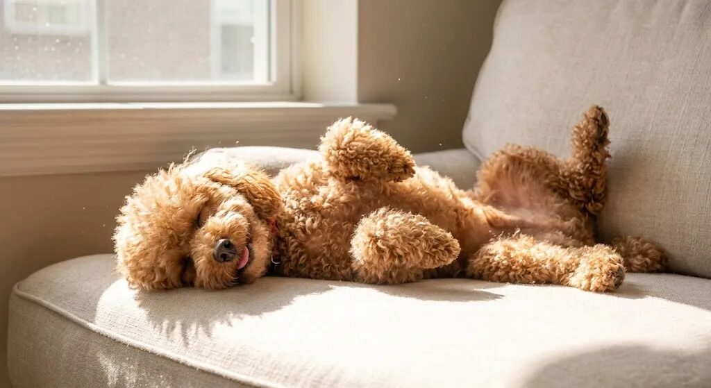 暖かい光の中で犬が無防備にお腹を見せて寝ている