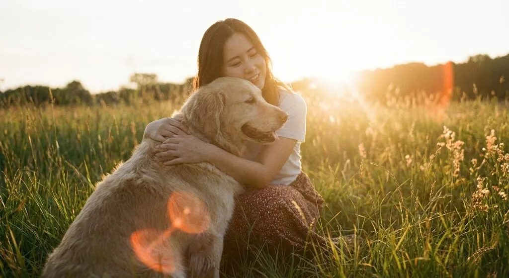 飼い主が犬を抱きしめている