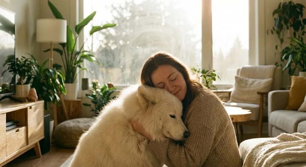 朝の光が差し込むリビングで、愛犬のゴールデンレトリバーの首元に顔を埋めて犬吸いをする飼い主