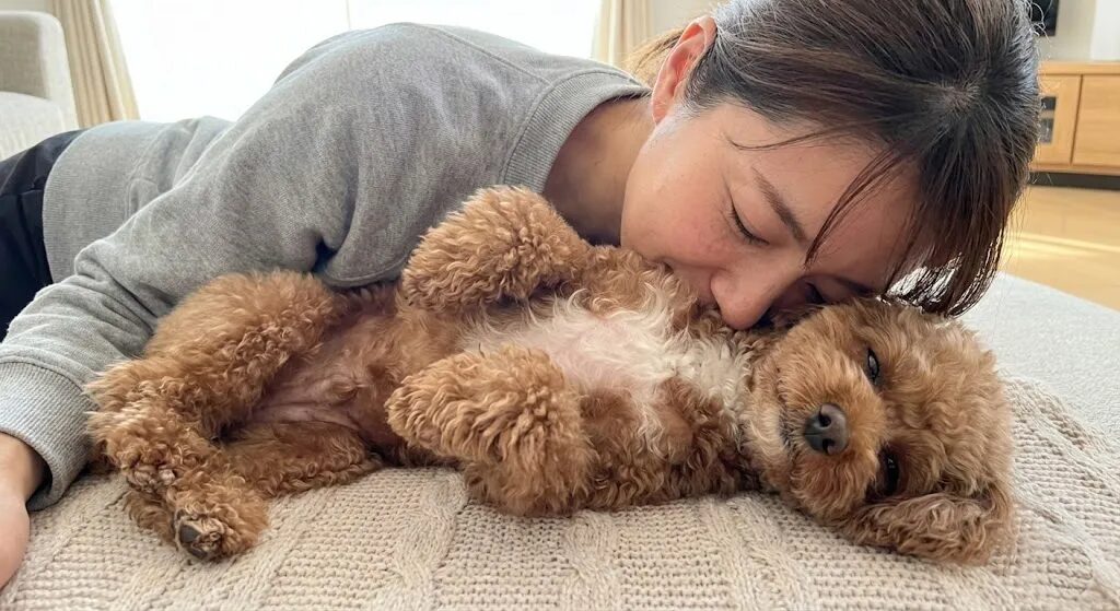 リビングのソファで仰向けになってリラックスしているトイプードルのお腹の匂いを嗅ぐ女性