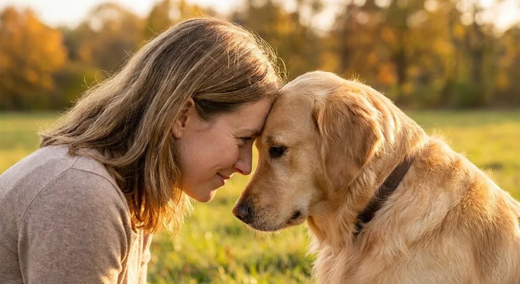 飼い主と柴犬が額を合わせて見つめ合い、幸せホルモンのオキシトシンが分泌されているリラックスした様子