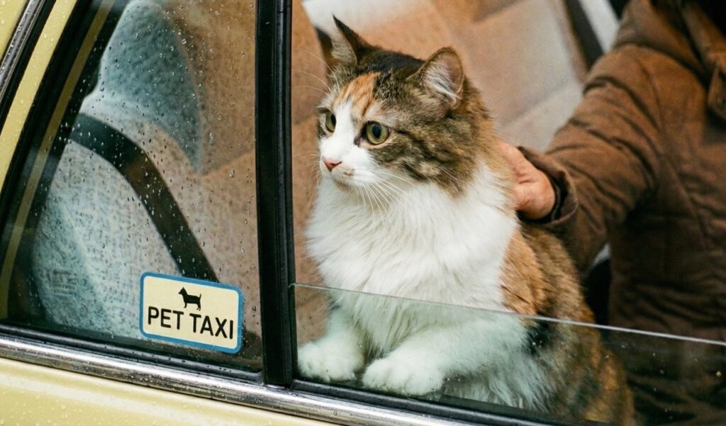 飼い主に抑えられながら、タクシーの窓から乗り出し外を見る猫