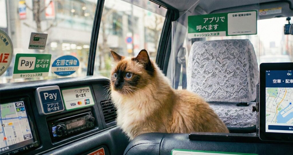 タクシーの中で興味深そうに外を見るシャム猫