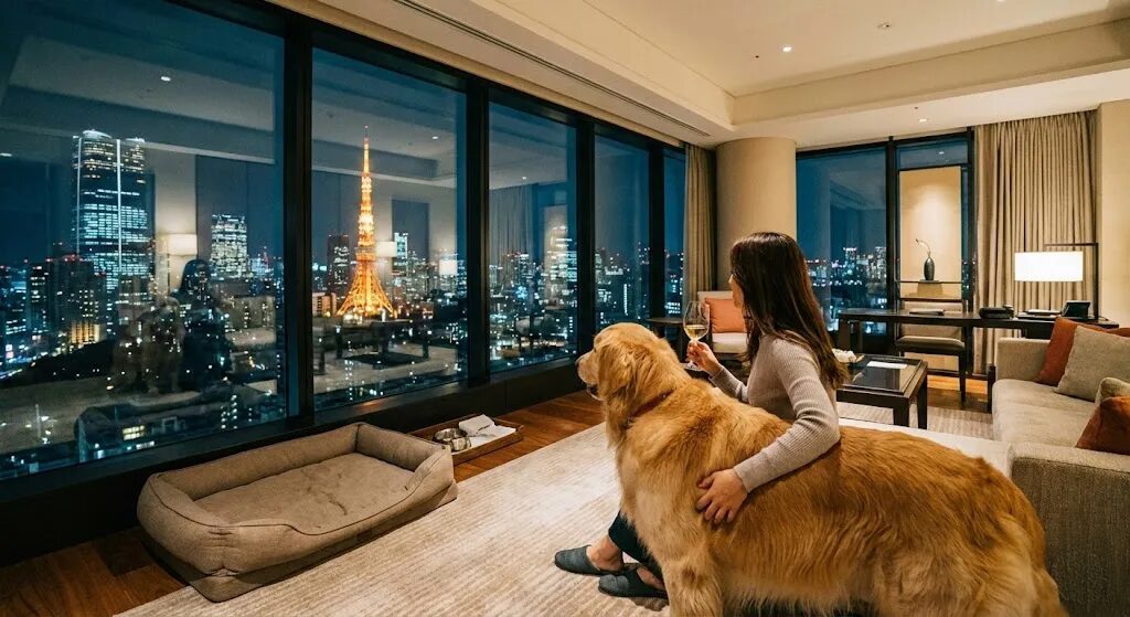 飼い主と夜景を見ている犬