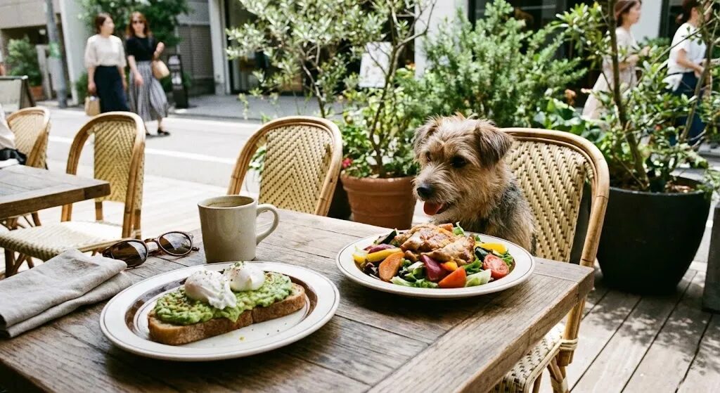 テーブルの食事を美味しそうに見ている犬
