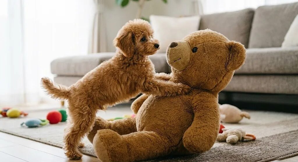 トイプードルが、自分より大きなぬいぐるみ（クマなど）に前足をかけている様子。