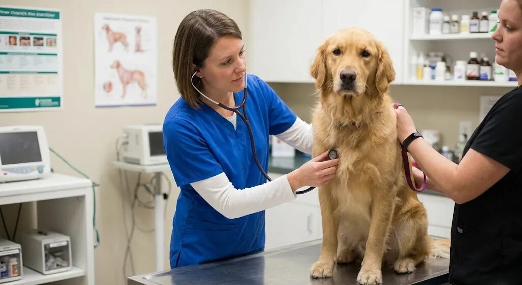 聴診器を当てられて心配そうな犬