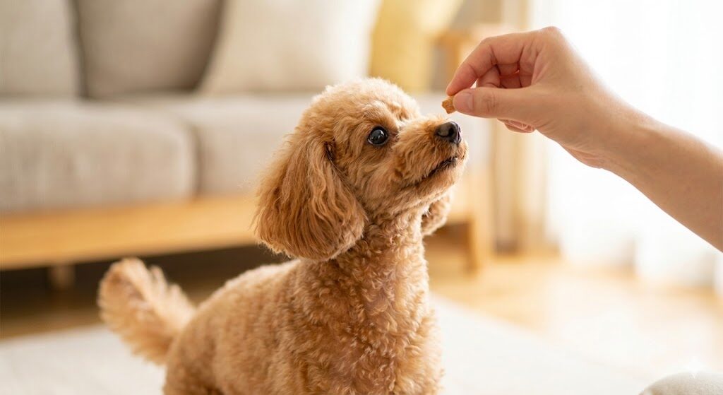 おやつをもらおうとしているトイプードル