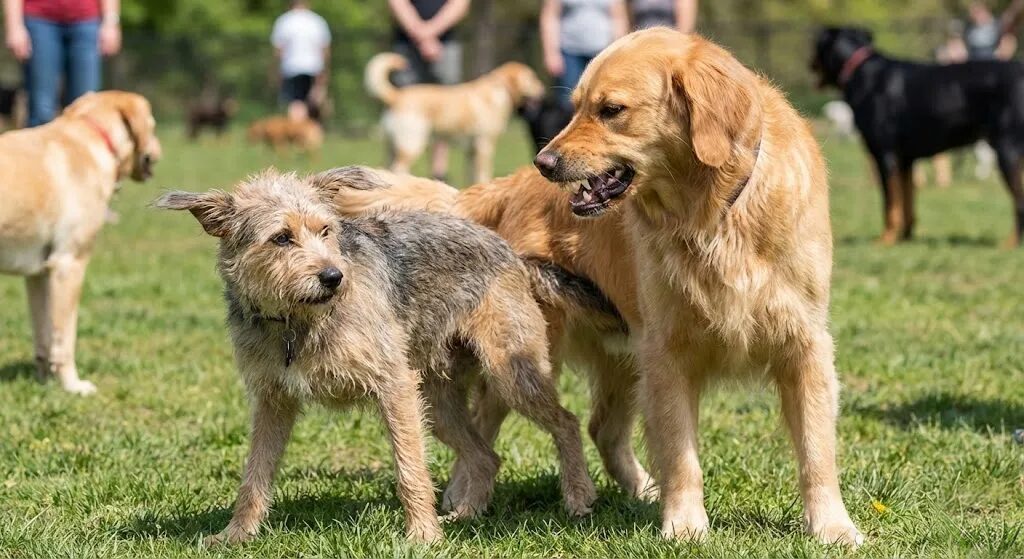 ドッグランなどで、他の犬に怒られている（ガウッとされている）シーン。
マウンティングしようとした犬に対して、相手の犬が嫌がって歯を見せている、