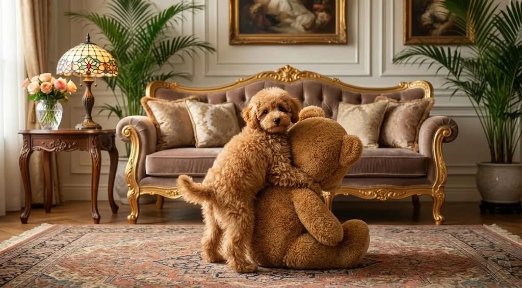 大きなクマのぬいぐるみにしがみつくトイプードル