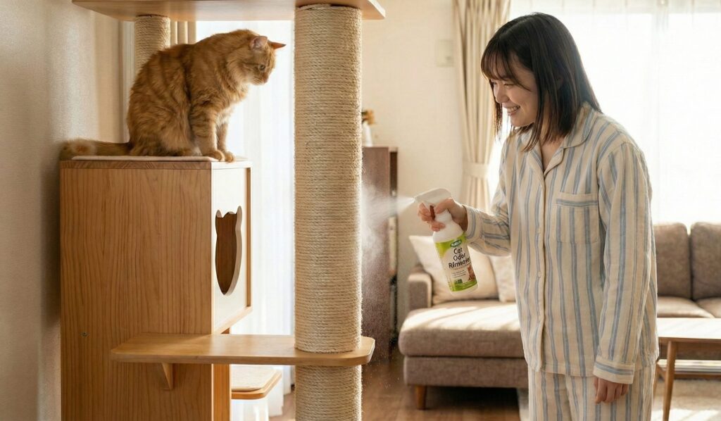 キャットタワーに消毒スプレーをする女性と見守る猫