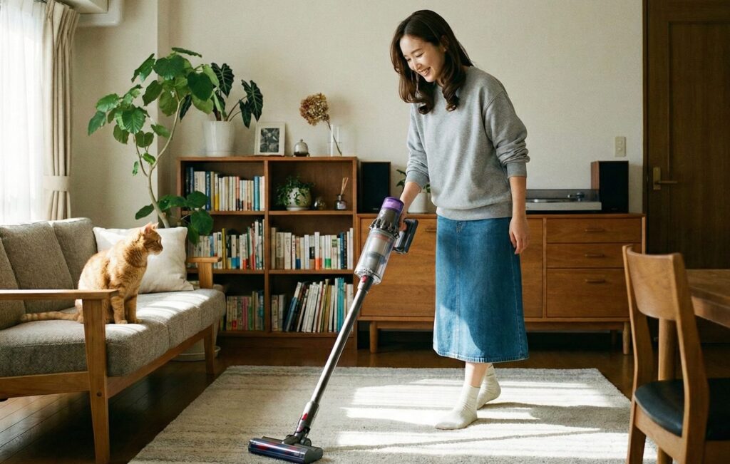 部屋に掃除機をかける女性と見守る猫