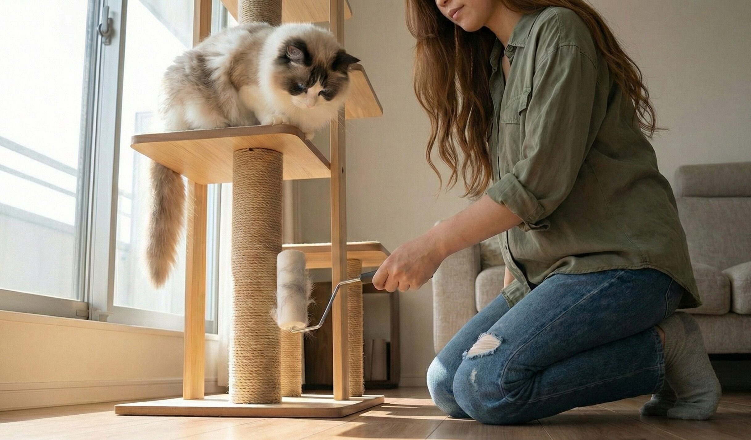 キャットタワーを掃除する女性と見守る猫