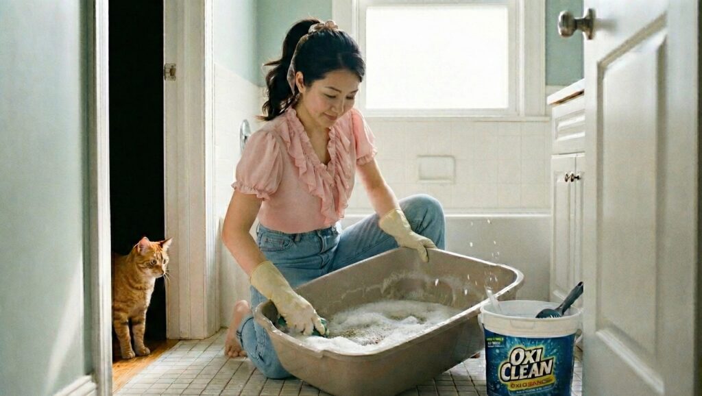 大掃除の際にオキシクリーンで猫のトイレを洗う女性