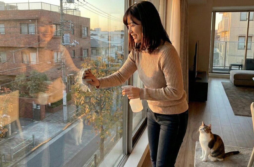 窓を拭く女性と見守る猫