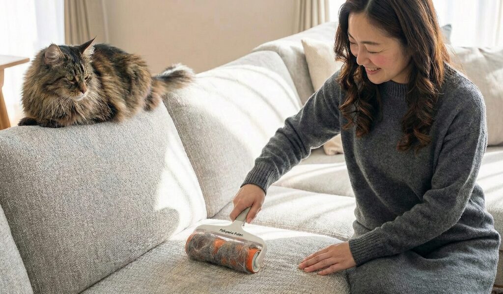 ソファの猫の毛をとる女性と見守る猫