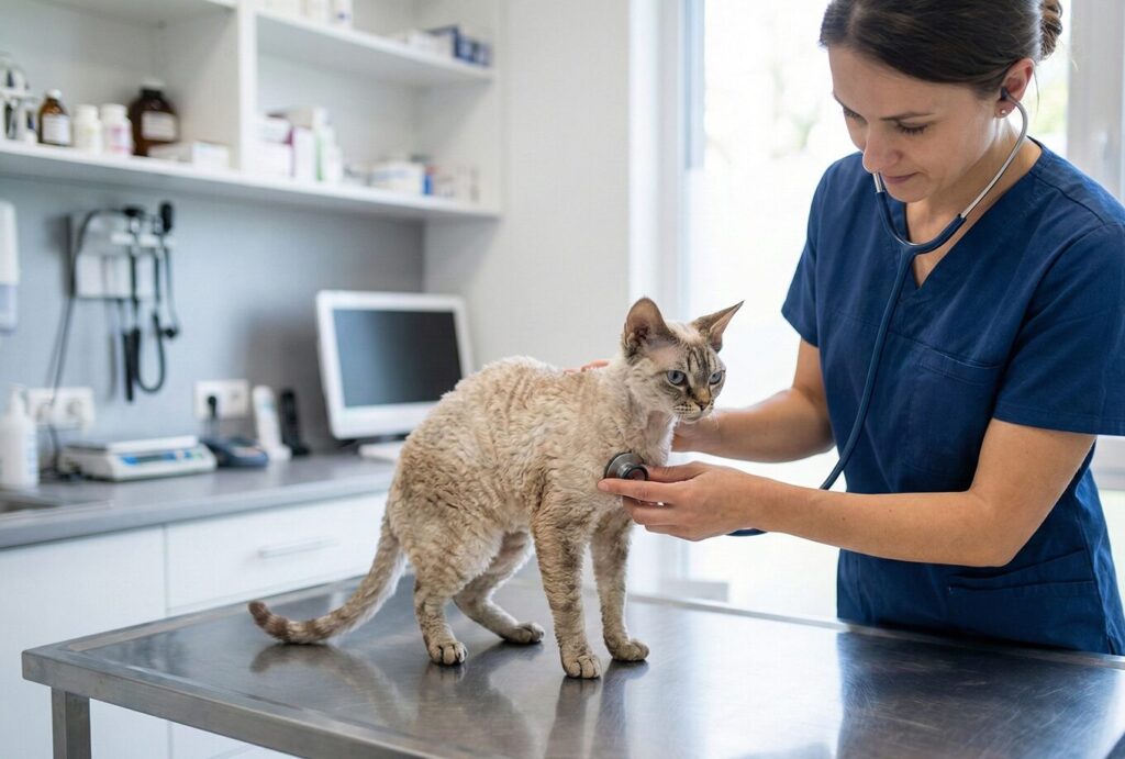獣医に検診してもらっている緊張した猫
