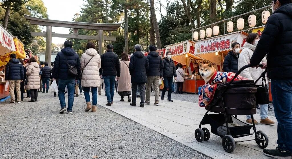 賑やかな神社の参道の端を、和柄の毛布を敷いたペットカートで静かに移動する様子。