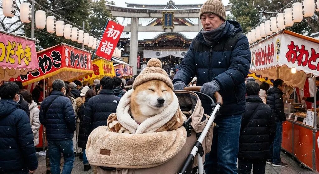 初詣の混雑した行列の中で、飼い主の腕に抱かれず、カートの中で温かく快適そうに過ごす犬の姿。
