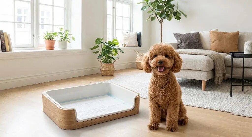 明るいリビングルームで、綺麗なトイレトレーの近くで笑顔を見せる犬