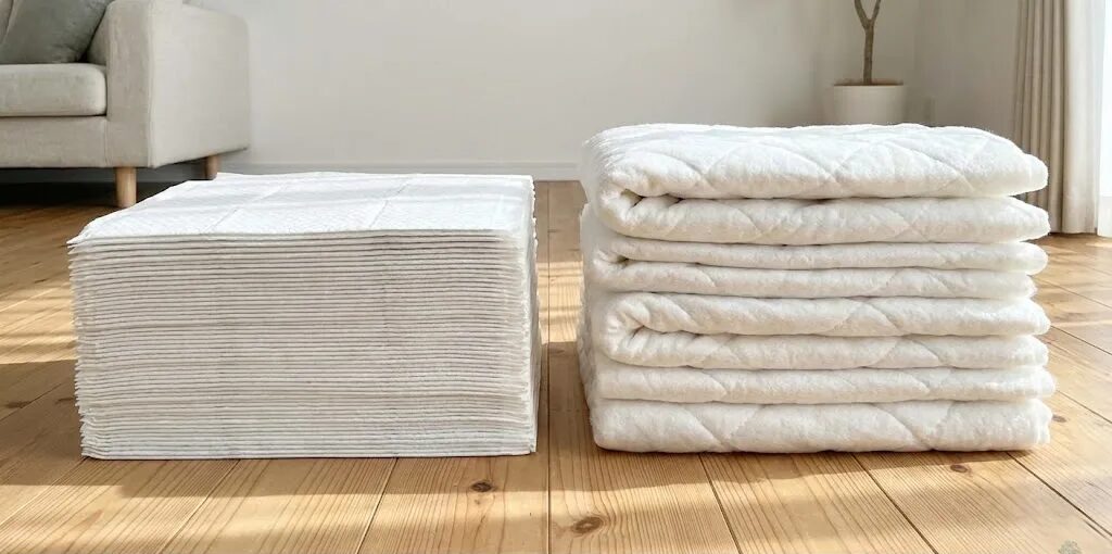 左側に「薄型シーツの山（枚数は多いが高さは低い）」、右側に「厚型シーツの山（枚数は少ないがふっくらしている）」を並べた比較写真