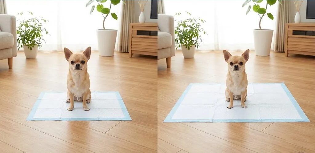 レギュラーサイズ（33×45cm）の上に小型犬が乗っている図と、ワイドサイズ（45×60cm）の上に乗っている図の比較