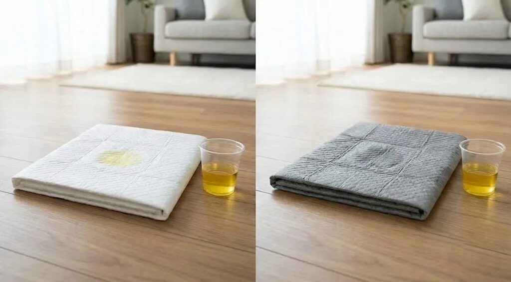 一般的な「白いシーツ」と、炭入りの「グレーのシーツ」を並べた写真