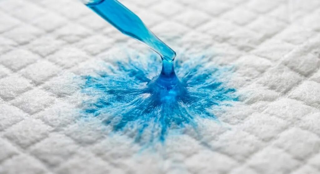 青色に着色した水をシーツに垂らし、「スッと染み込んでいる瞬間」のアップ写真