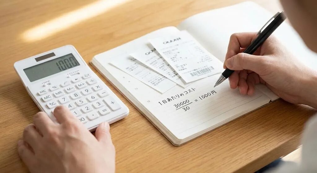 1日あたりのコスト」を計算しているような手元の写真