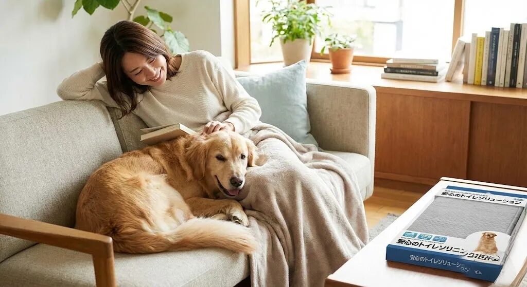 愛犬と飼い主がリラックスして触れ合っている写真